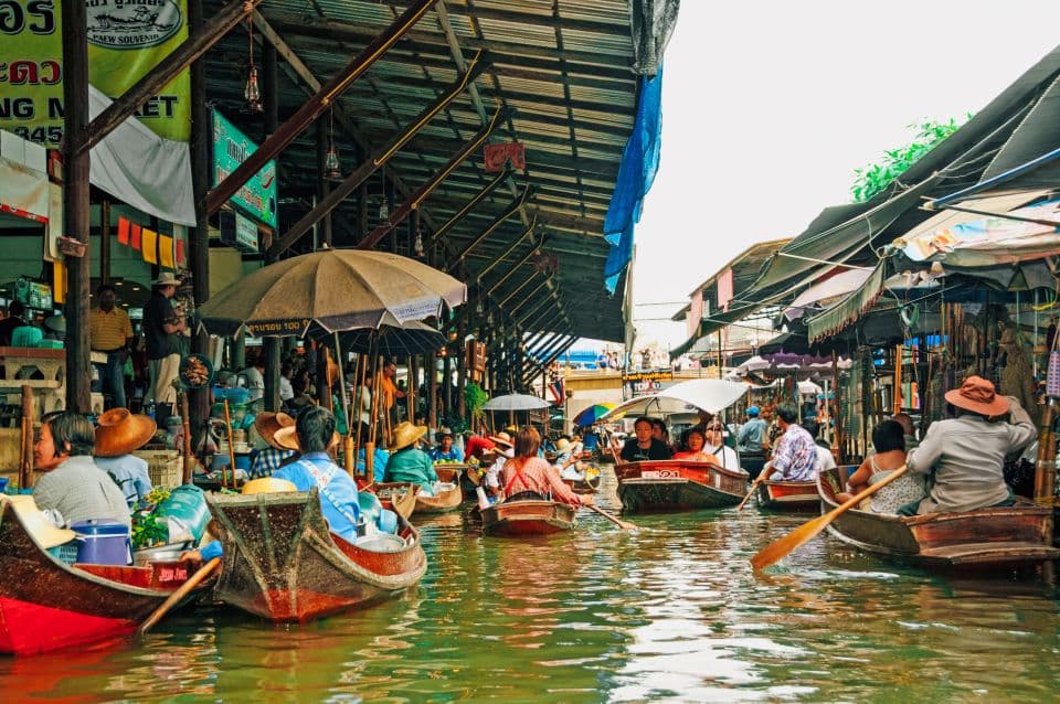 Damnoen Saduak Floating Market Bangkok Thailand longtail speedboat canal vendors