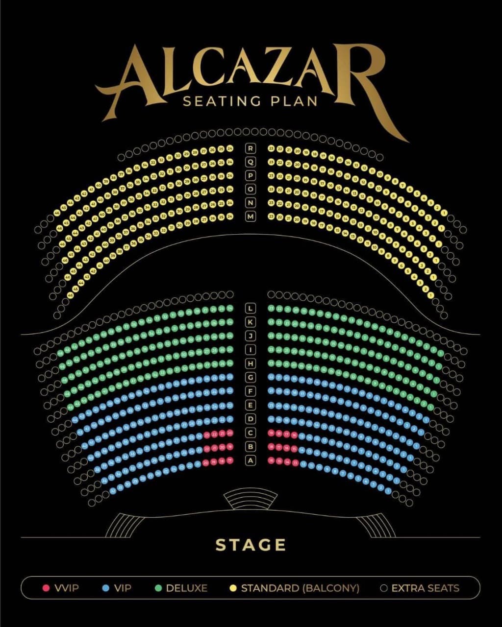 Official Alcazar Pattaya seating plan showing VVIP pink, VIP blue, Deluxe green first floor and Standard yellow balcony zones facing the stage