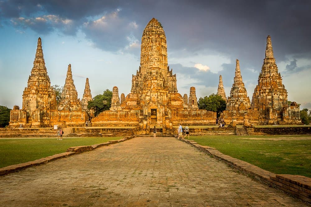 Wat Chaiwatthanaram golden hour sunset Chao Phraya River Ayutthaya Historical Park Thailand