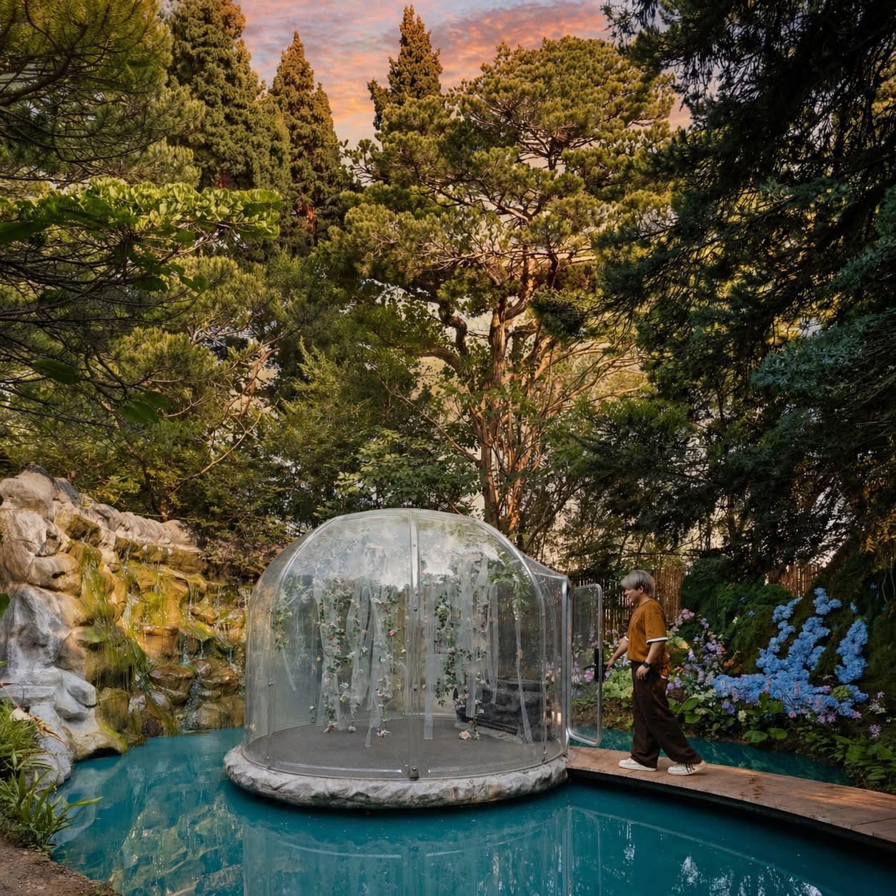 Glass bubble dome beside the rock waterfall in the garden at Bubble in the Forest Cafe