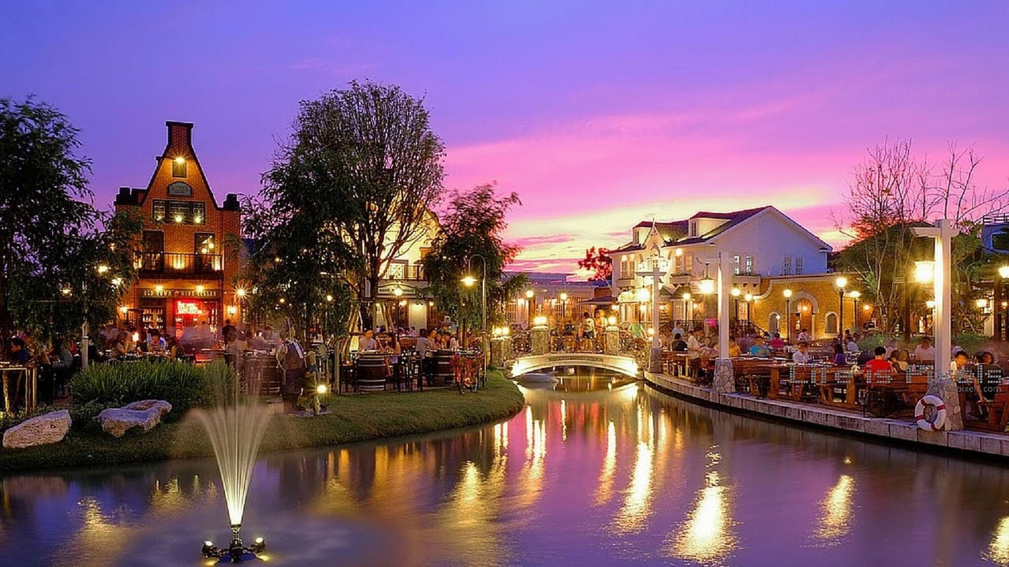 Chocolate Ville Bangkok European village at sunset — open-air restaurant complex Khan Na Yao district