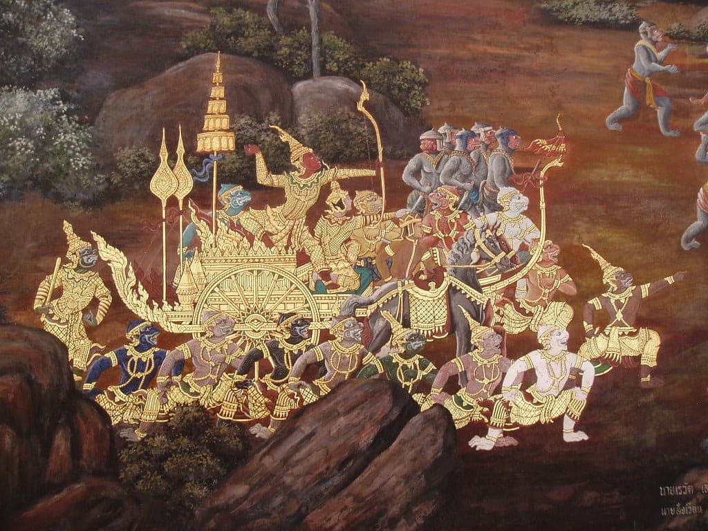 Ramakien battle scene mural painting Grand Palace Bangkok — 178 panels covering 1.3 km