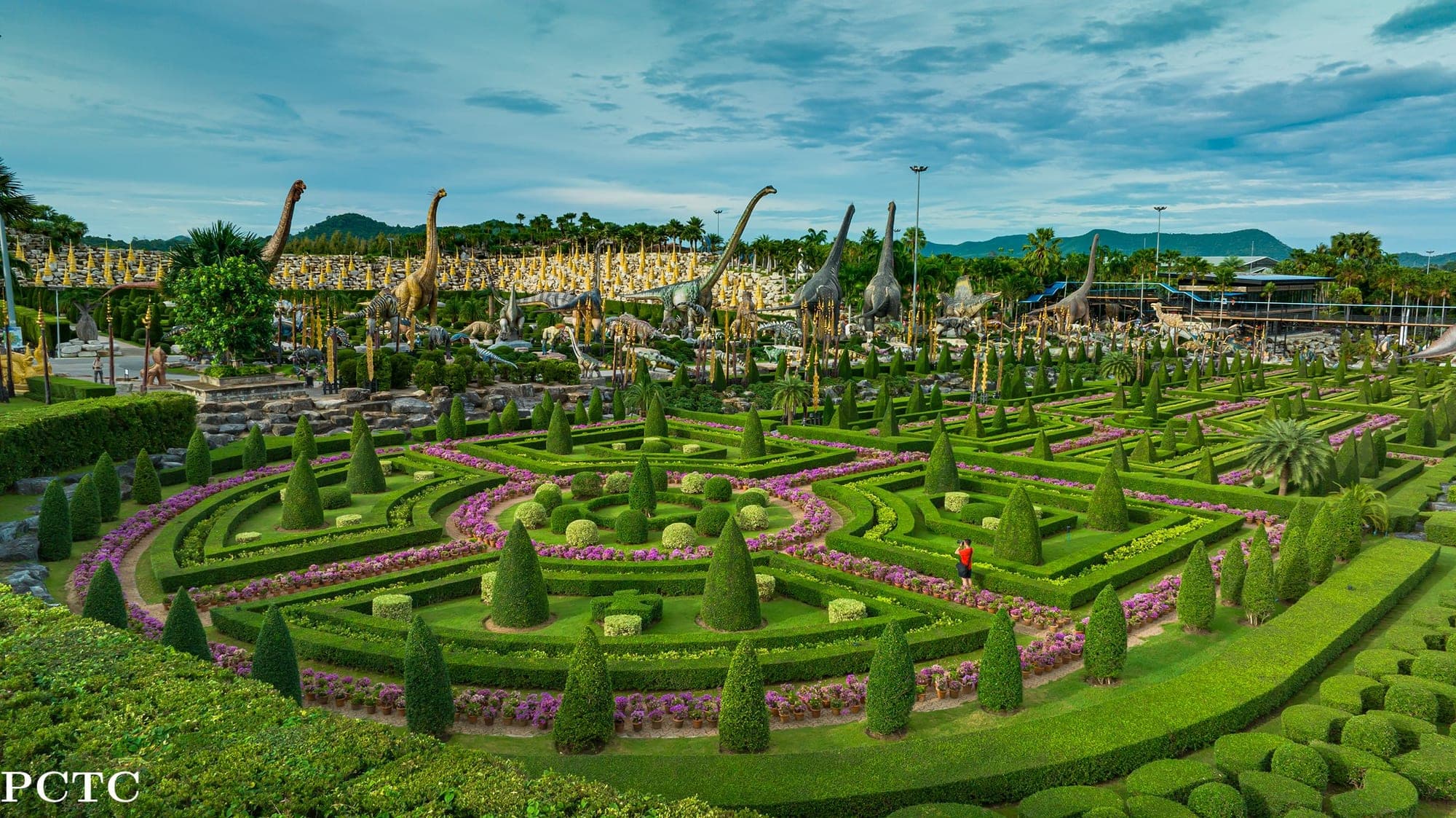 Nong Nooch Tropical Garden Pattaya French Garden viewpoint — symmetrical clipped topiary seen from above