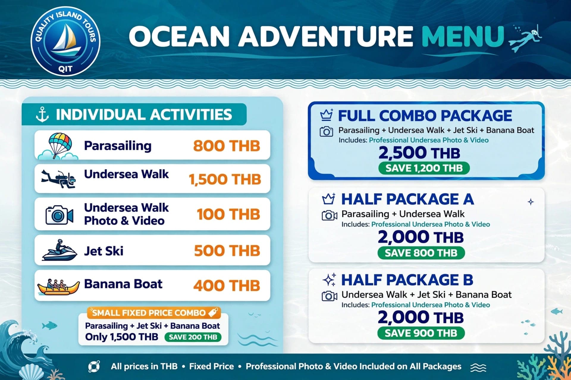 Coral Island Koh Larn water sports fixed price menu — parasailing, undersea walk, jet ski, banana boat and combo packages from Quality Island Tours Pattaya