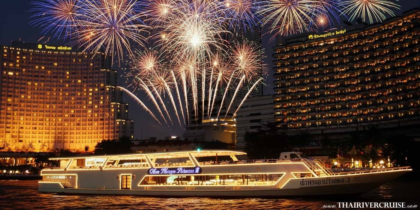 Chao Phraya Princess dinner cruise Bangkok river night Wat Arun illuminated temples