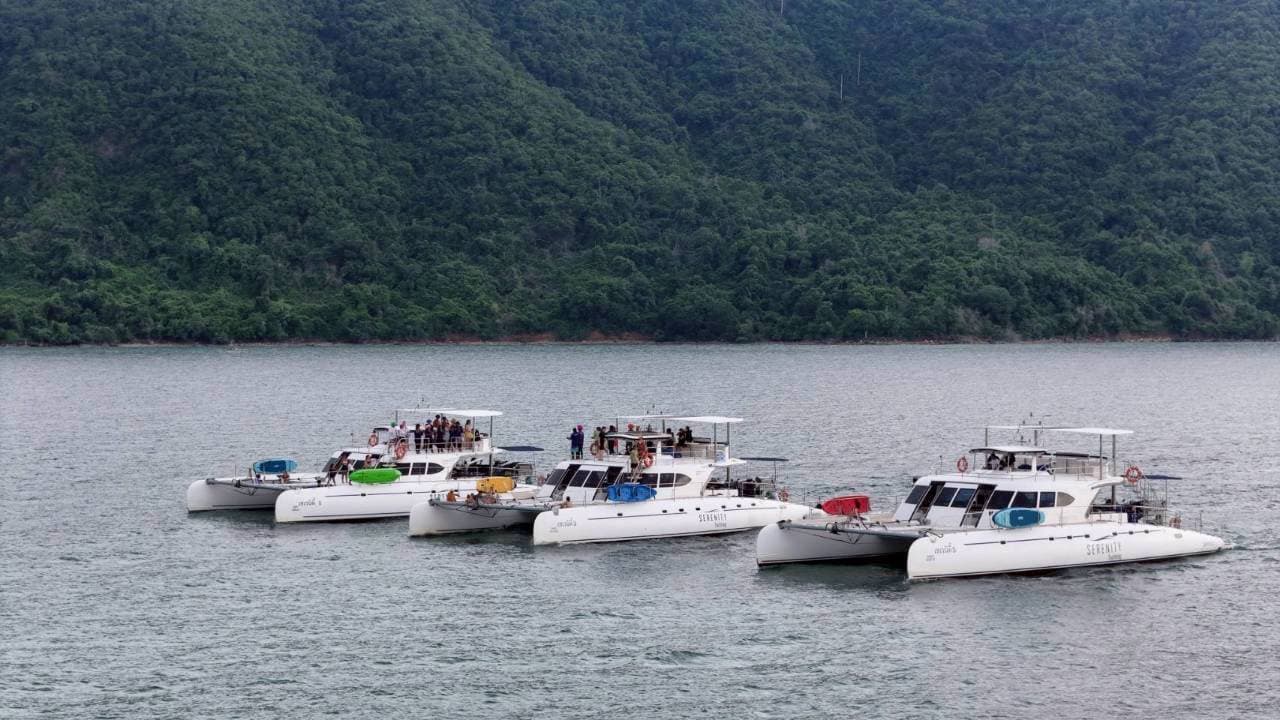 Fleet of Serenity Yachting catamarans anchored by a forested island on the Pattaya 3 island tour
