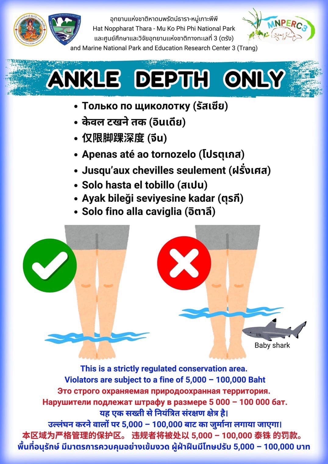Ankle depth only swimming rule at Mu Ko Phi Phi National Park — official multilingual sign in 8 languages, fine ฿5,000–100,000 Baht