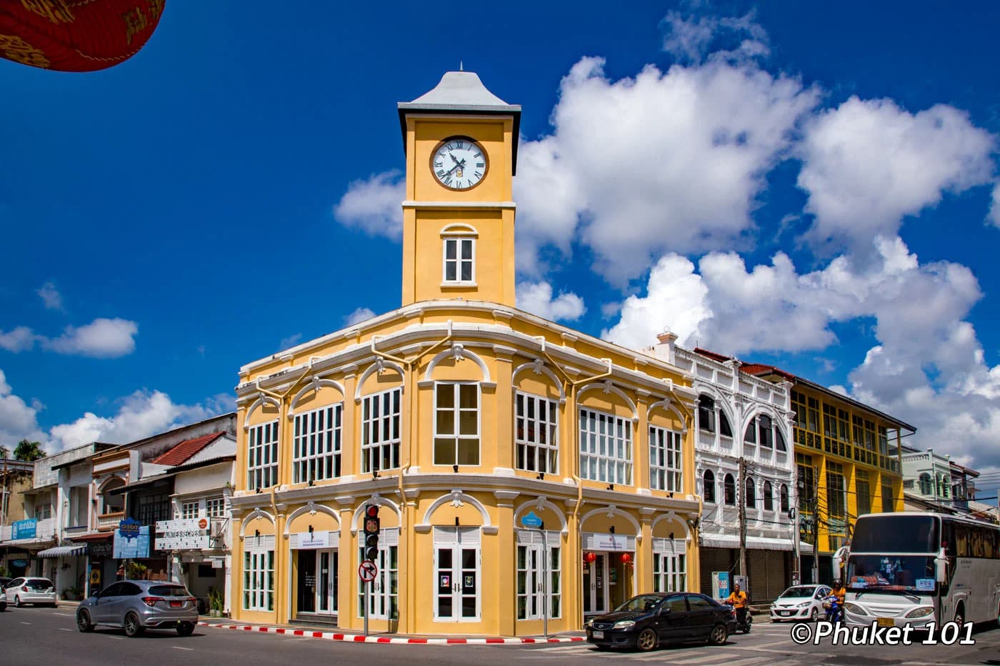 Phuket Old Town Thalang Road with colourful Sino-Portuguese shophouses and the painted lane of Soi Romanee