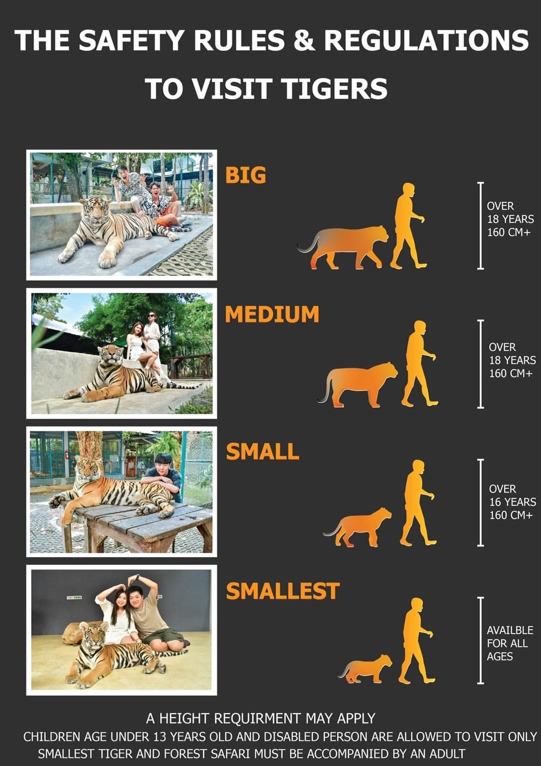 Tiger Park Pattaya official safety rules age height restrictions for tiger interaction packages