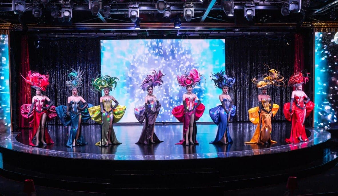 Calypso Cabaret Show performers on stage at Asiatique Riverfront Bangkok Thailand