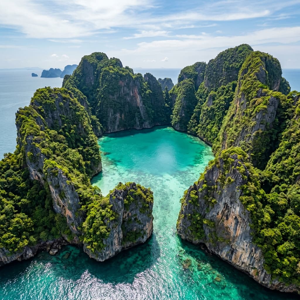 Hong Islands tour from Krabi 2026 — aerial view of Hong Lagoon enclosed by limestone cliffs