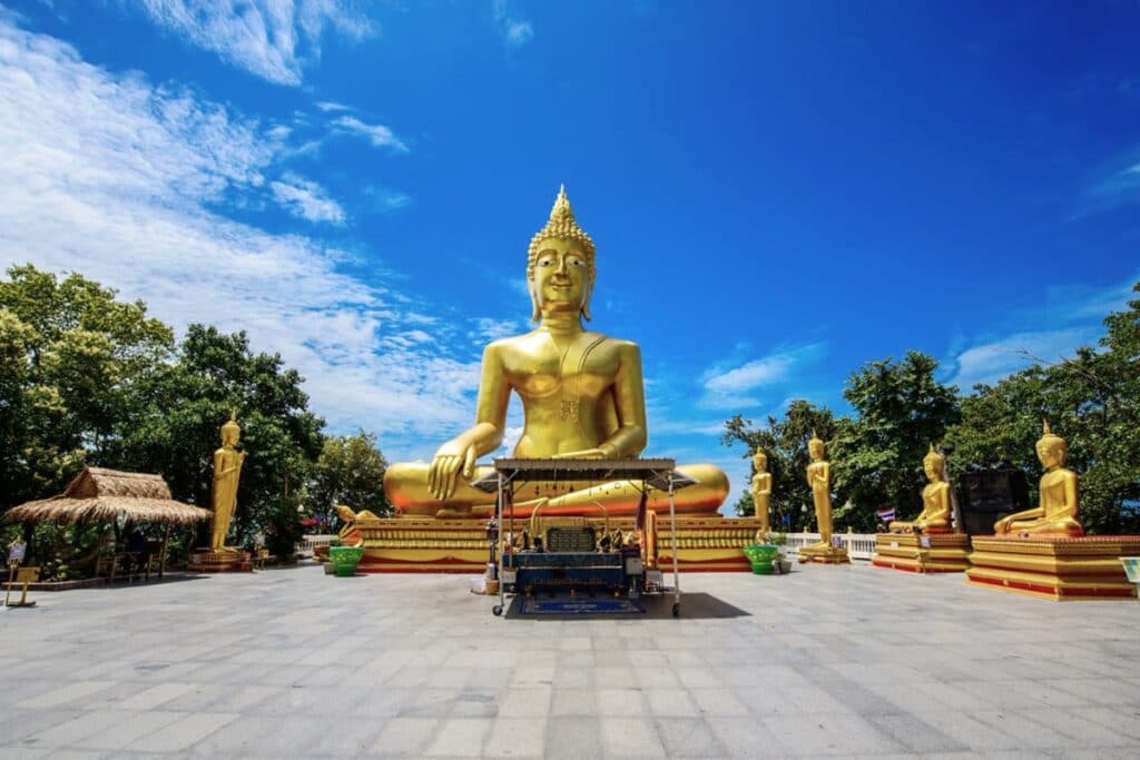 Big Buddha Hill temple terrace overlooking the Gulf of Thailand and Koh Larn island, Pattaya