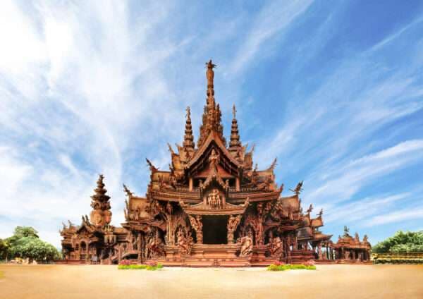 Sanctuary of Truth Pattaya wooden spires and rooflines — still under construction after 45 years