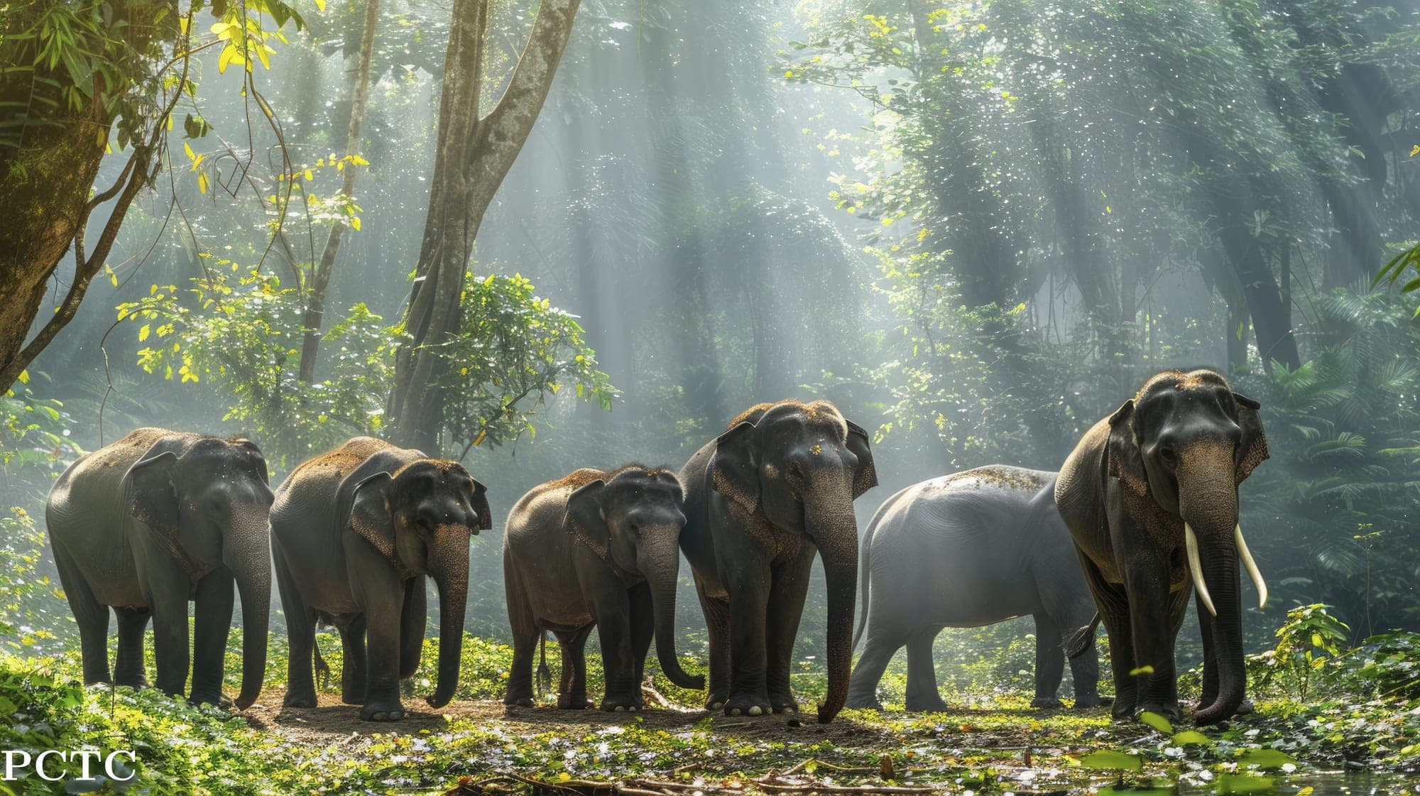 Five rescued female Asian elephants at Maerim Elephant Sanctuary Chiang Mai Thailand