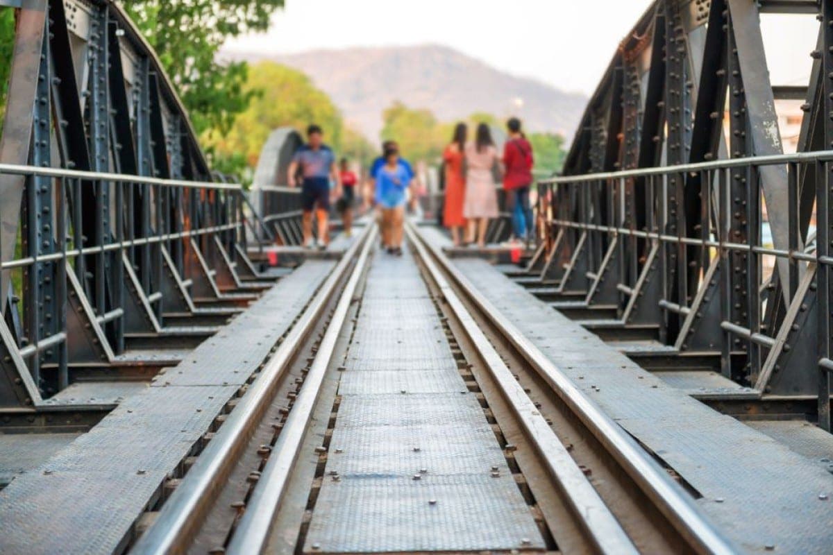 Walking the Bridge over the River Kwai Kanchanaburi Thailand Death Railway