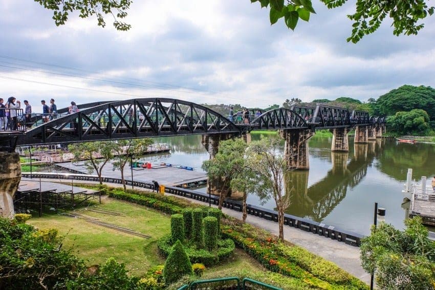 Death Railway train on the Tham Krasae wooden viaduct over River Kwai Kanchanaburi Thailand