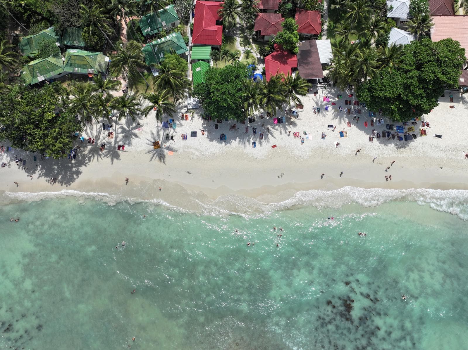 Aerial view of white sand beach and clear turquoise snorkeling water Koh Samui Thailand