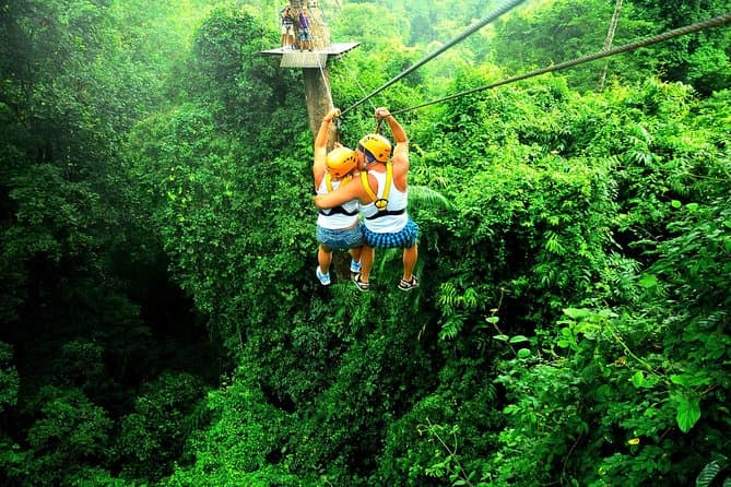 View along a steel zipline cable through the jungle canopy on the 25-platform full course