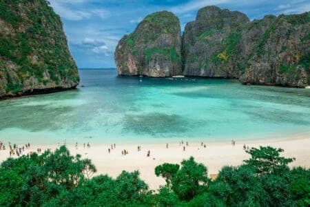 Maya Bay Phi Phi Leh Thailand 2026 boardwalk visitor access limestone cliffs white sand
