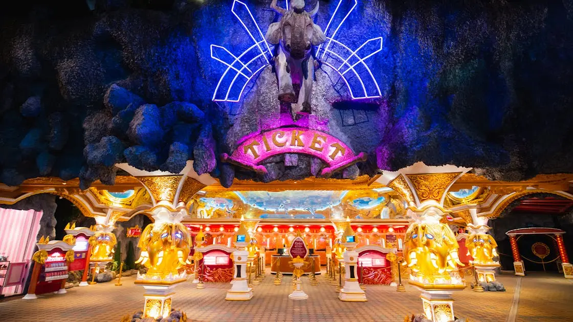 Phuket FantaSea illuminated main entrance at night Kamala Phuket Thailand