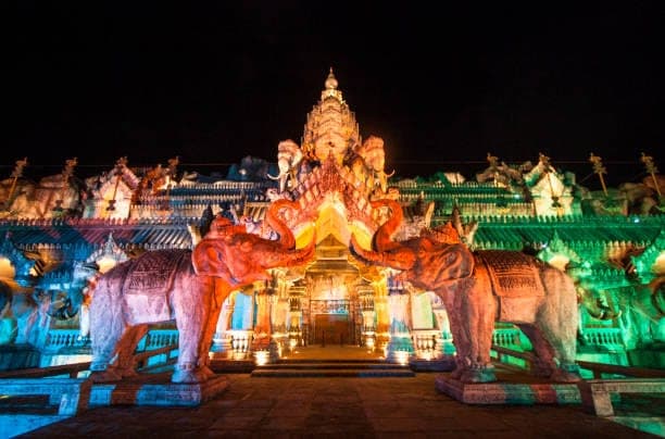 Phuket FantaSea Palace of the Elephants theatre illuminated at night Kamala Thailand