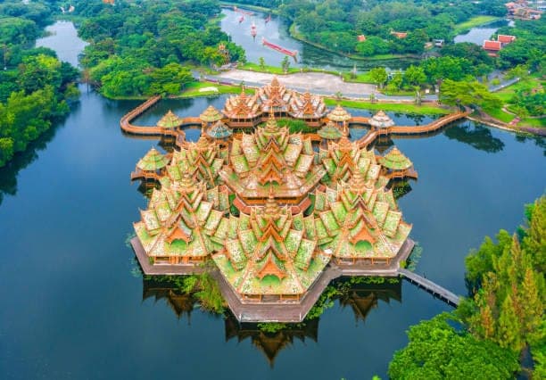 Ancient City Muang Boran aerial view 240 acres replica monuments Samut Prakan Bangkok day tour
