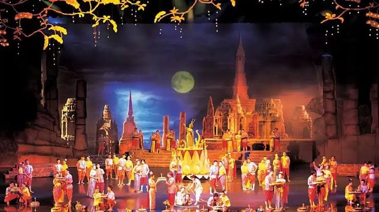 Siam Niramit Phuket theatre entrance illuminated at night Rassada Phuket Thailand