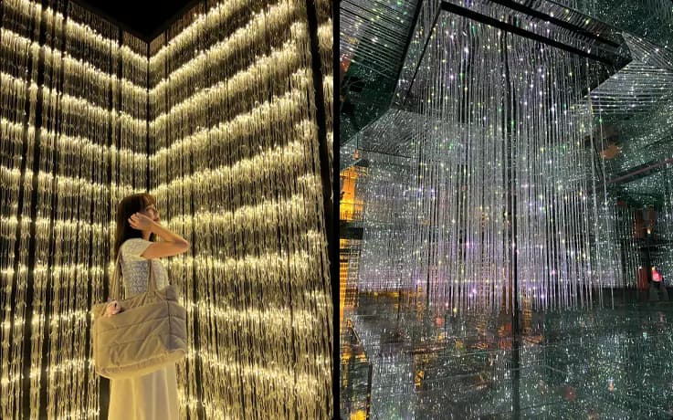 Space & Time Cube Bangkok Golden Waterfall crystal strand installation floor-to-ceiling light Bangkok Thailand
