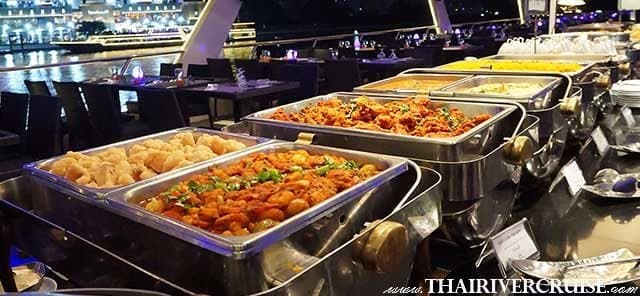 Chao Phraya Princess Indian buffet spread with Chicken Tikka, Biryani and Naan Bangkok