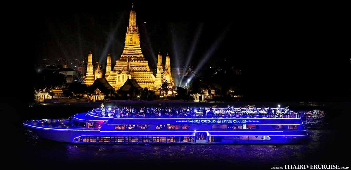 White Orchid River Cruise ship on the Chao Phraya River Bangkok at night