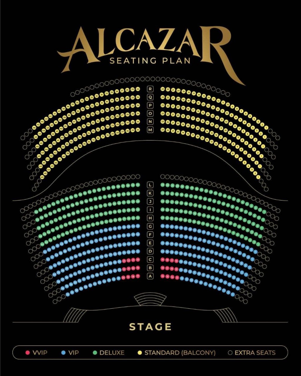 Official Alcazar Pattaya seating plan showing VVIP, VIP, Deluxe first floor and Standard balcony zones facing the stage