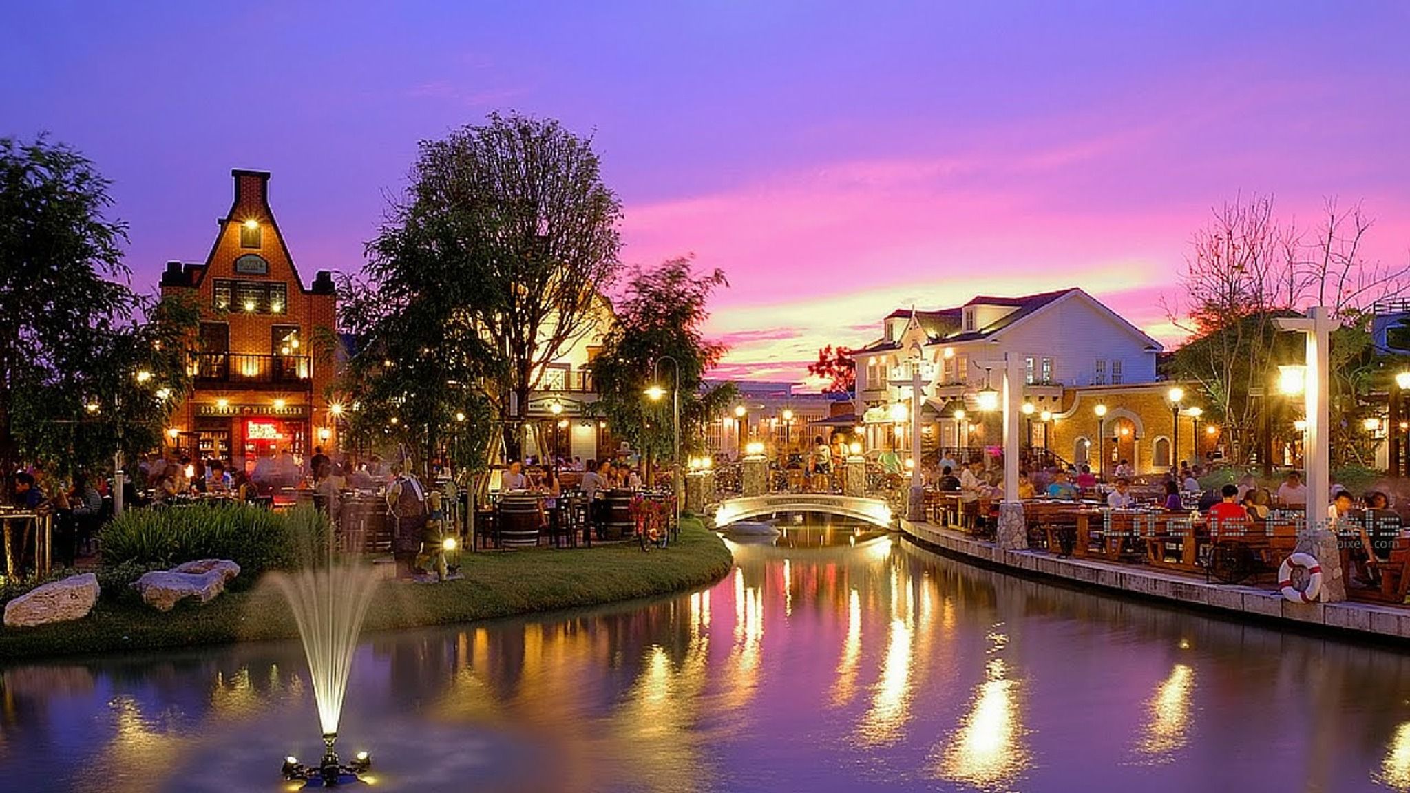 Chocolate Ville Bangkok European village at sunset — open-air restaurant complex Khan Na Yao district