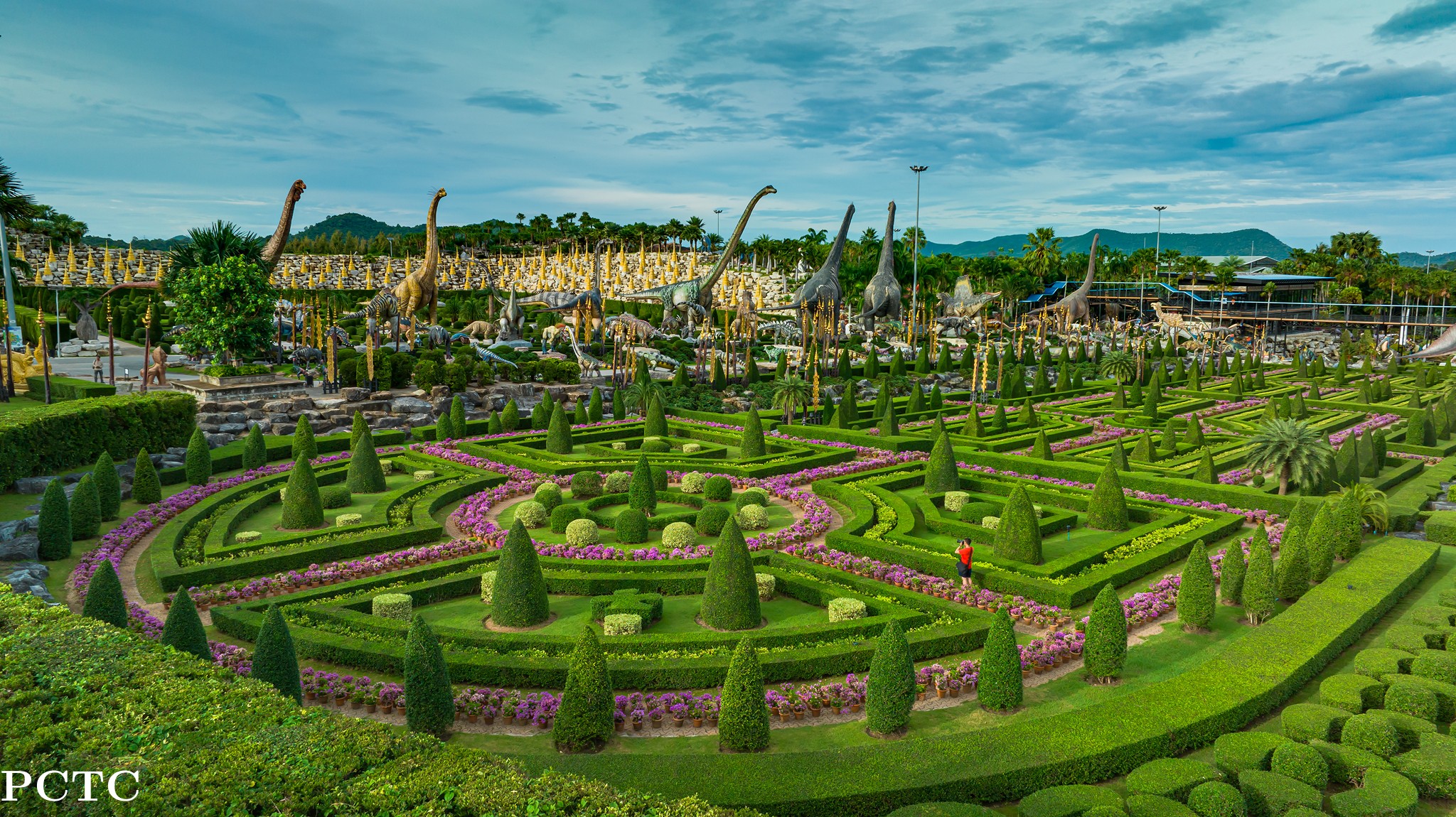 Nong Nooch Tropical Garden Pattaya French Garden viewpoint — symmetrical clipped topiary seen from above