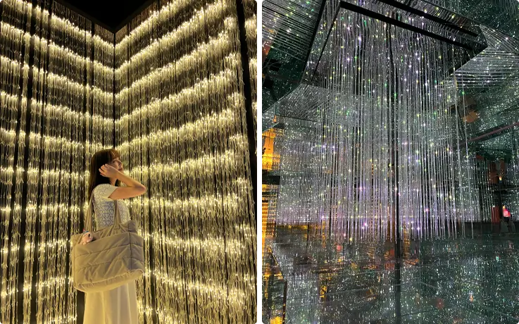 Space & Time Cube Bangkok Golden Waterfall crystal strand floor-to-ceiling light installation immersive art Seacon Bangkae Bangkok Thailand