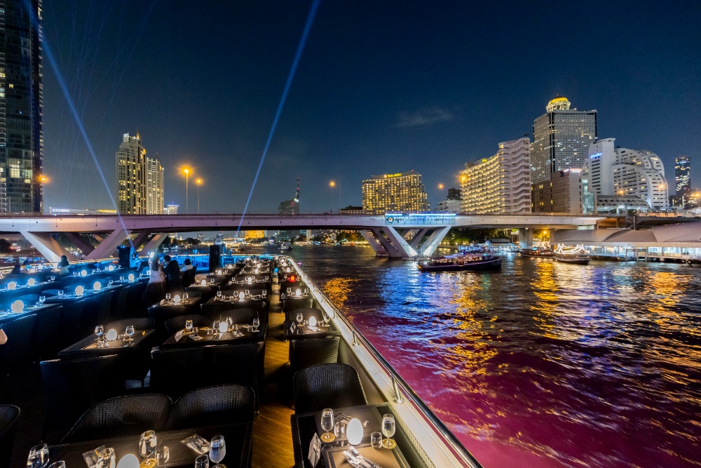 The Opulence Cruise Bangkok rooftop deck — romantic candlelight dinner on the Chao Phraya River at night