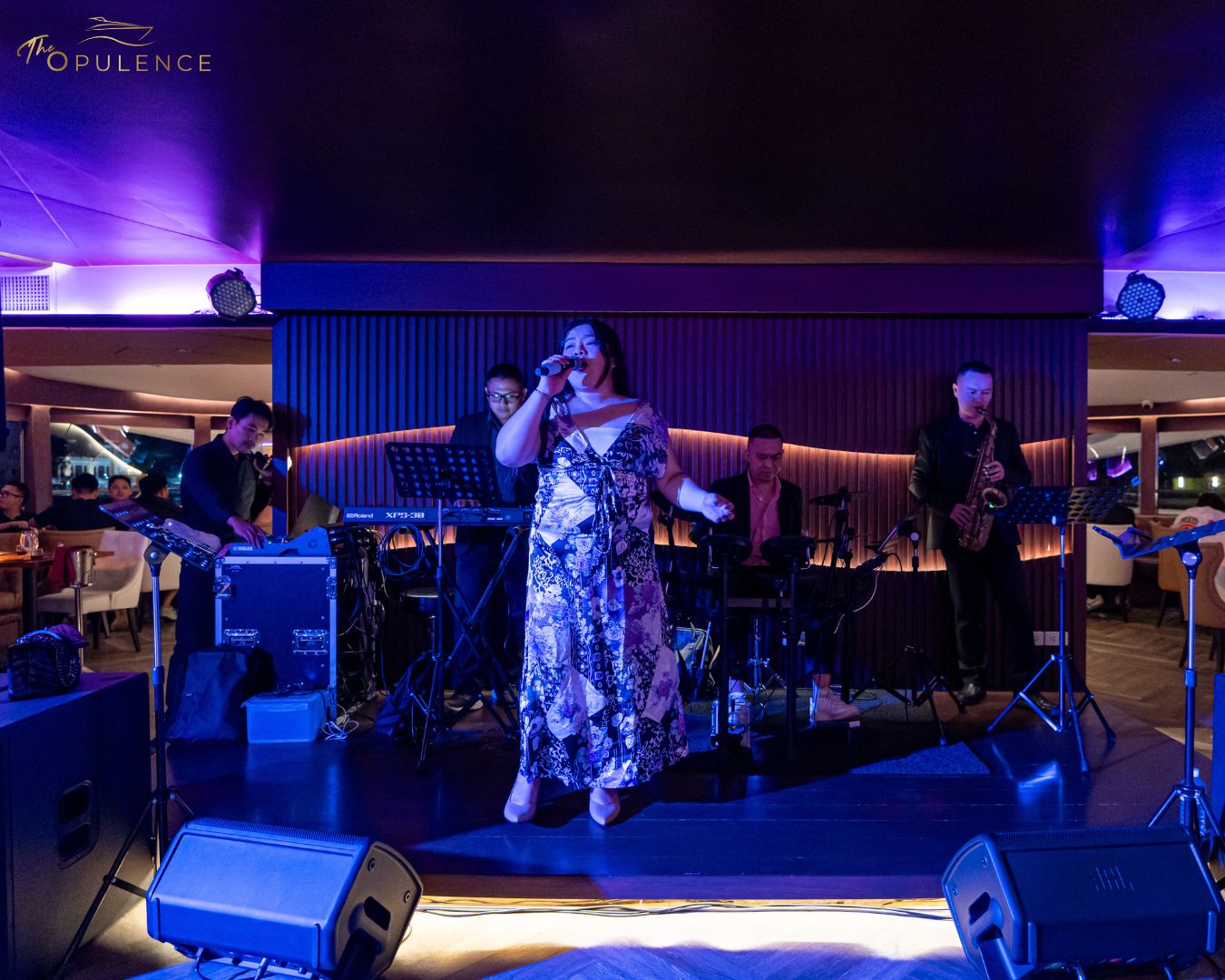 Professional live band performance on The Opulence Cruise Bangkok luxury dinner cruise